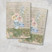 ヴィンテージ花花束青い白い花瓶のデコページ 薄葉紙