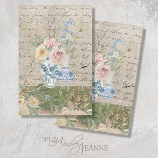ヴィンテージ花花束青い白い花瓶のデコページ 薄葉紙