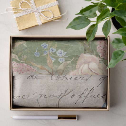 ヴィンテージ花花束青い白い花瓶のデコページ 薄葉紙 (ギフト)