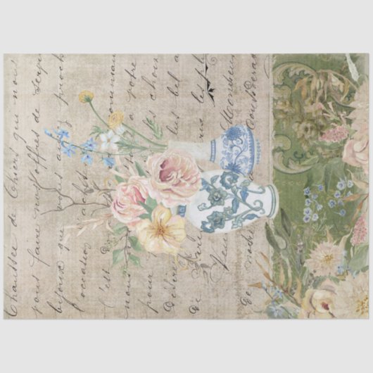 ヴィンテージ花花束青い白い花瓶のデコページ 薄葉紙 (正面)