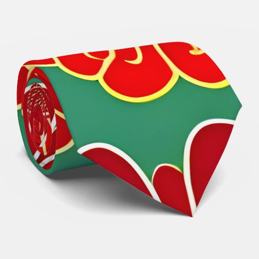 ヴィンテージ花赤グリーンレトロ花柄 ネクタイ (ロール)