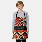 ヴィンテージ花赤グリーン花柄 エプロン (着用した状態)