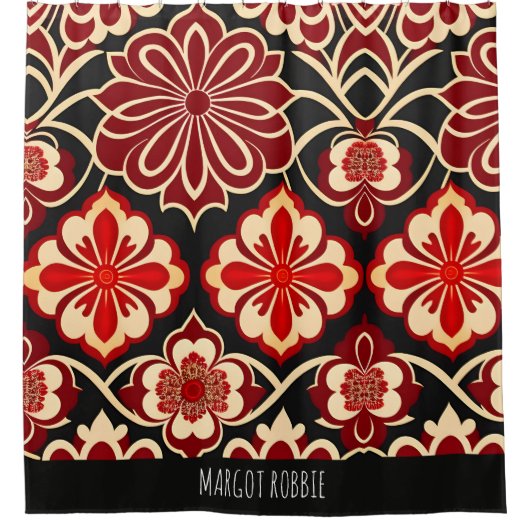 ヴィンテージ花赤グリーン花柄 シャワーカーテン (正面)