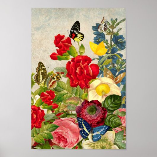 ヴィンテージ花/蝶イラストレーション ポスター (正面)