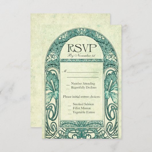 ヴィンテージ花RSVPの結婚式の招待状のターコイズ 出欠カード (正面/裏面)