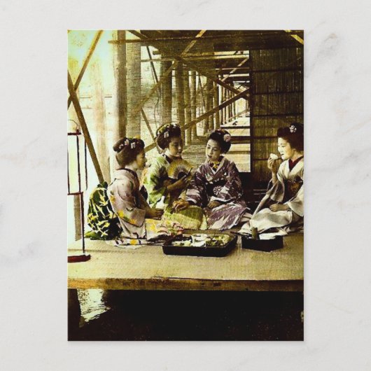 ヴィンテージ芸者が日本の昔の夕食で一緒に食事 ポストカード (正面)