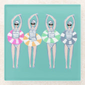 ヴィンテージ芸術的スイミング泳ぐ人スイムリングや輪プール ガラスコースター (正面)