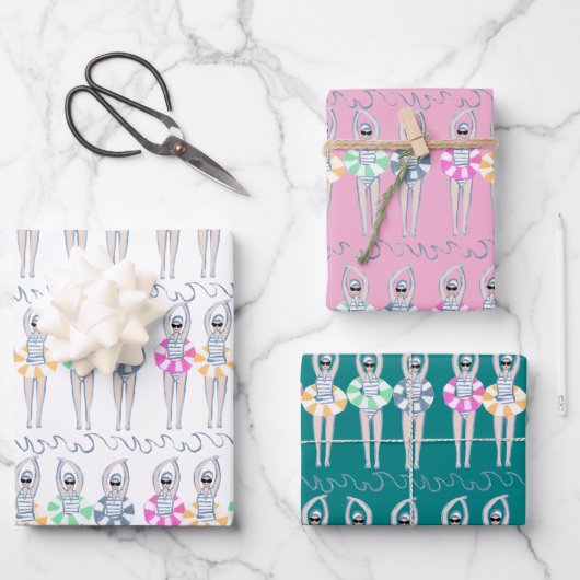 ヴィンテージ芸術的スイミング泳ぐ人スイムリングや輪プール ラッピングペーパーシート (正面)