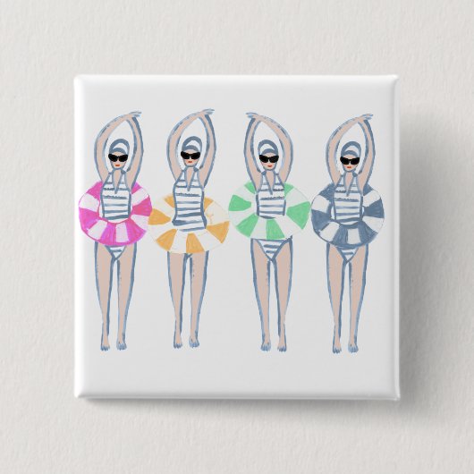 ヴィンテージ芸術的スイミング泳ぐ人スイムリングや輪プール 缶バッジ (正面)