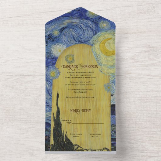 ヴィンテージ芸術的スター全員で結婚式を招待 オールインワン招待状 (内側)