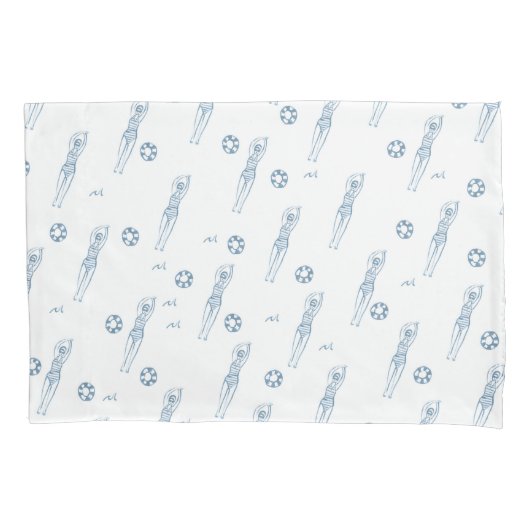 ヴィンテージ芸術的スニークロ泳ぐ人ブルーパターン 枕カバー (正面)