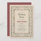 ヴィンテージ芸術的フローラのアートフレーム誕生日 招待状 (正面/裏面)