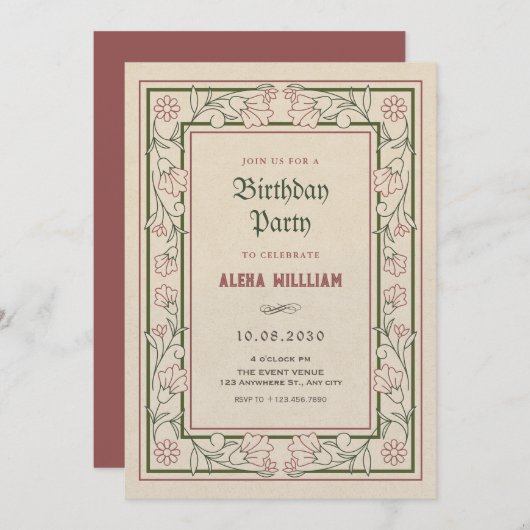 ヴィンテージ芸術的フローラのアートフレーム誕生日 招待状 (正面/裏面)