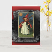 ヴィンテージ若いハロウィーンの魔女 カード (黄色い花)