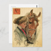 ヴィンテージ若い女性と馬のフローラ ポストカード (正面/裏面)