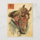 ヴィンテージ若い女性と馬のフローラ ポストカード (正面)