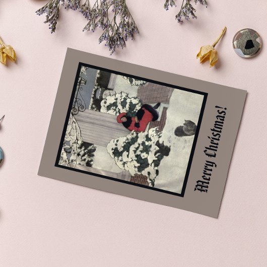 ヴィンテージ若い女性レッドブラッククリスマスツリードア ポストカード