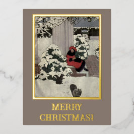 ヴィンテージ若い女性レッドブラッククリスマスツリードア 箔シーズンポストカード