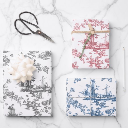 ヴィンテージ英語フローラトイルピンク、ブルー、グレー ラッピングペーパーシート (正面)