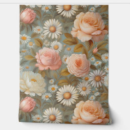 ヴィンテージ茶バラ及びデイジー模様 壁紙