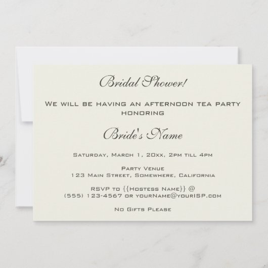 ヴィンテージ茶パーティーと古い友人，ブライダルシャワー 招待状 (裏面)
