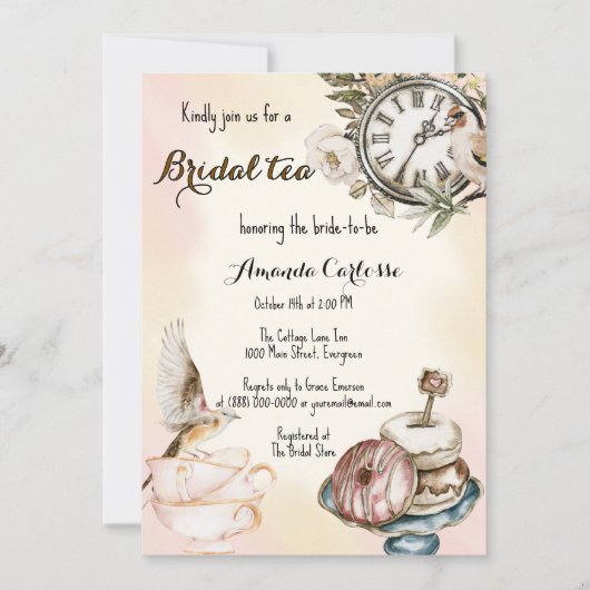 ヴィンテージ茶パーティーブライダルシャワー 招待状 (正面)
