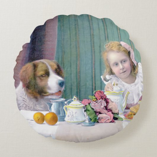 ヴィンテージ茶パーティー ラウンドクッション (正面)