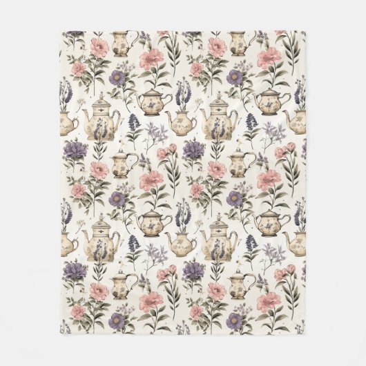 ヴィンテージ茶ポットと花 フリースブランケット (正面)