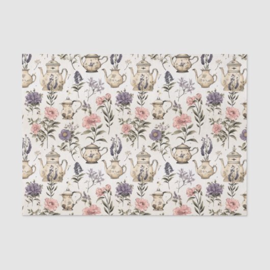 ヴィンテージ茶ポットと花 薄葉紙 (正面)