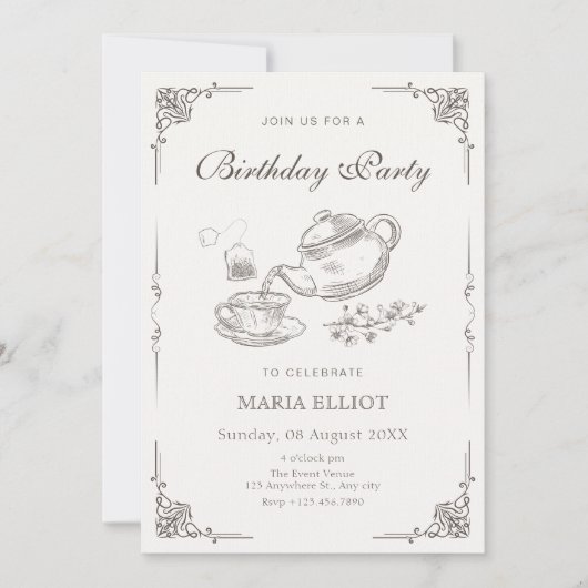 ヴィンテージ茶ポット誕生日 招待状 (正面)