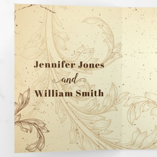 ヴィンテージ茶色とベージュのス結婚クロール 三つ折り招待状 (内部最初)