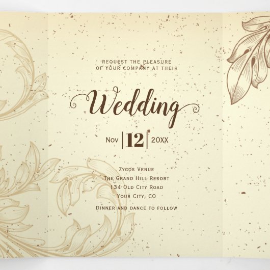 ヴィンテージ茶色とベージュのス結婚クロール 三つ折り招待状 (内部中)