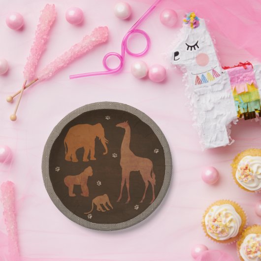 ヴィンテージ茶色のアフリカのサファリジャングル動物 ペーパープレート (パーティー)