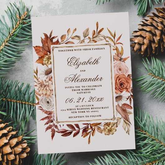 ヴィンテージ茶色のオレンジ葉色のフローラ冬の結婚式 招待状