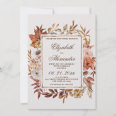 ヴィンテージ茶色のオレンジ葉色のフローラ冬の結婚式 招待状 (正面)