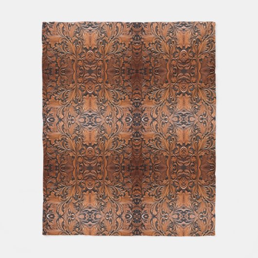 ヴィンテージ茶色の工具付きフェイク革 フリースブランケット (正面)