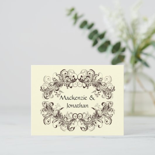 ヴィンテージ茶色の渦巻きクリームの日付を保存 案内ポストカード (スタンド正面)