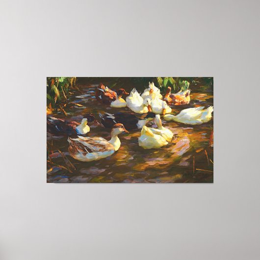 ヴィンテージ茶色の白黒のアヒルの池 キャンバスプリント (正面)