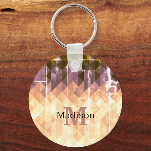 ヴィンテージ茶色の紫色の幾何学模様モノグラム キーホルダー (正面)
