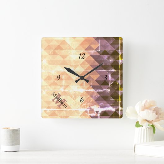 ヴィンテージ茶色の紫色の幾何学模様モノグラム スクエア壁時計 (ホーム)