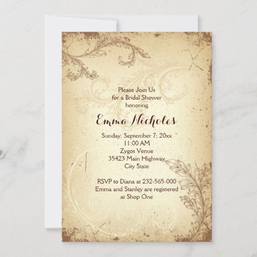 ヴィンテージ茶色ベージュ巻葉ブライダルシャワー 招待状 (正面)
