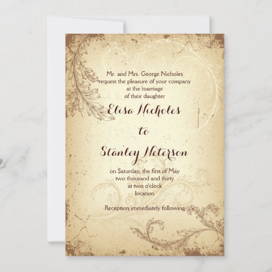 ヴィンテージ茶色ベージュ巻葉結婚式招待状 招待状 (正面)