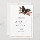 ヴィンテージ茶色金ゴールドピンクの蝶フローラ結婚 招待状 (正面)