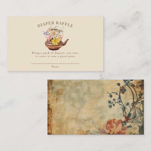 ヴィンテージ茶 |水彩フローラおむつラッフル エンクロージャーカード (正面/裏面)