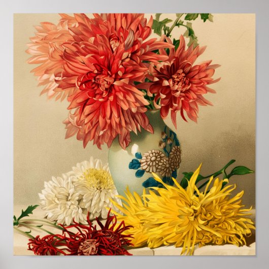 ヴィンテージ菊花の陶器の花瓶の絵画 ポスター (正面)