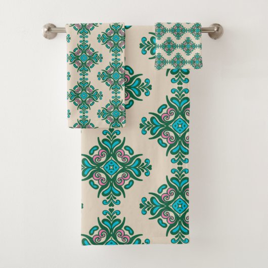ヴィンテージ華美アールヌーボータイルパターン緑青 バスタオルセット (インサイチュ)