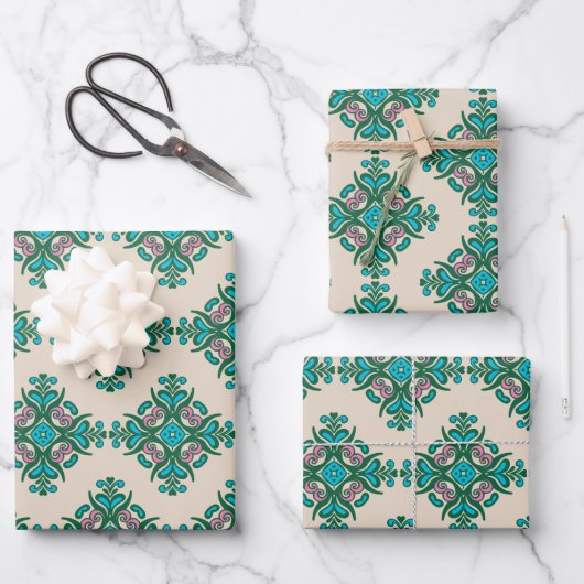 ヴィンテージ華美アールヌーボータイルパターン緑青 ラッピングペーパーシート (正面)
