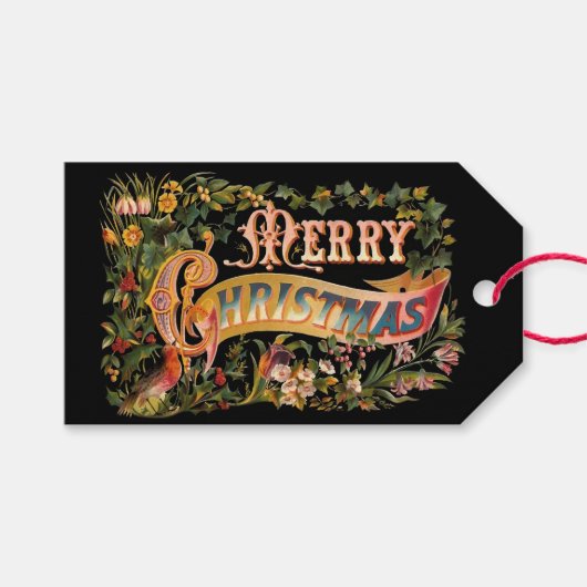 ヴィンテージ華美カラフルフローラメリークリスマス ギフトタグ (正面(横))