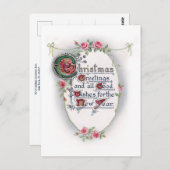 ヴィンテージ華美クリスマスグリーティングとバラ ポストカード (正面/裏面)