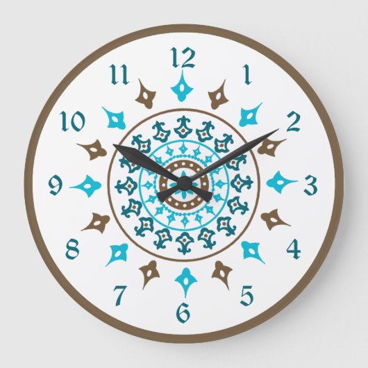 ヴィンテージ華美ターコイズ茶色の番号付き壁時計 ラージ壁時計 (正面)